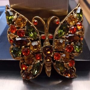 Signed Regency Earth Tone Crystal Rhinestones Butterfly Filigree Fashion Brooch